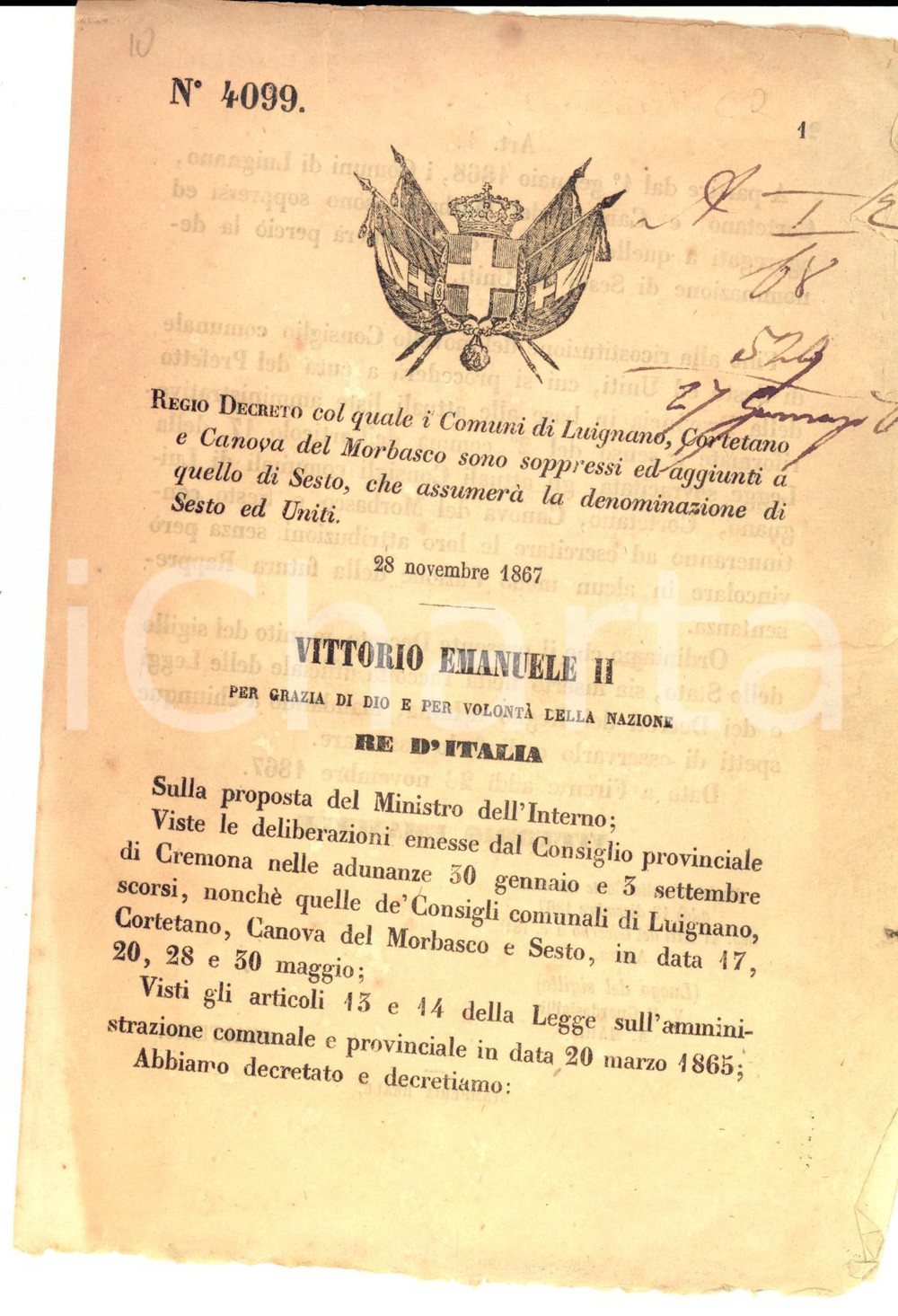 Documento originale, autentico 1867 Regio Decreto per istituzione nuovo comune di SESTO ED UNITI (CR) 1