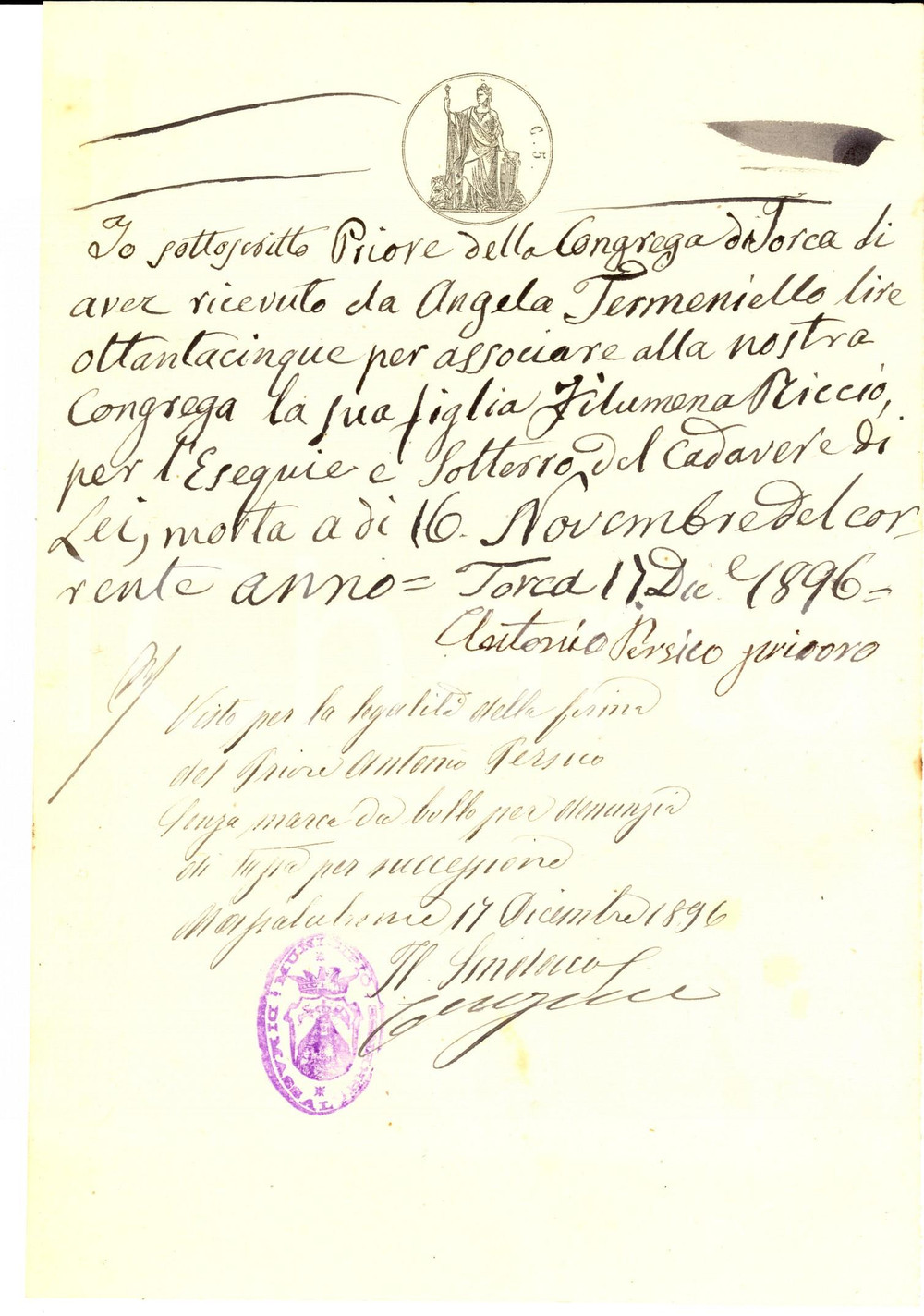 Documento originale, autentico 1896 TORCA NA Ricevuta per funerali di Filumena RICCIO Priore Antonio PERSICO 1
