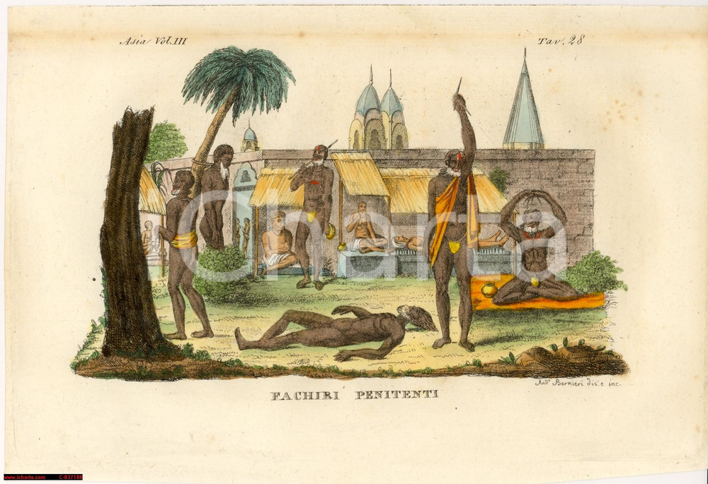 Stampa, bozzetto originale 1823 COSTUMI INDIA Fachiri penitenti Inc. BERNIERI Colorata a mano *STAMPA 1