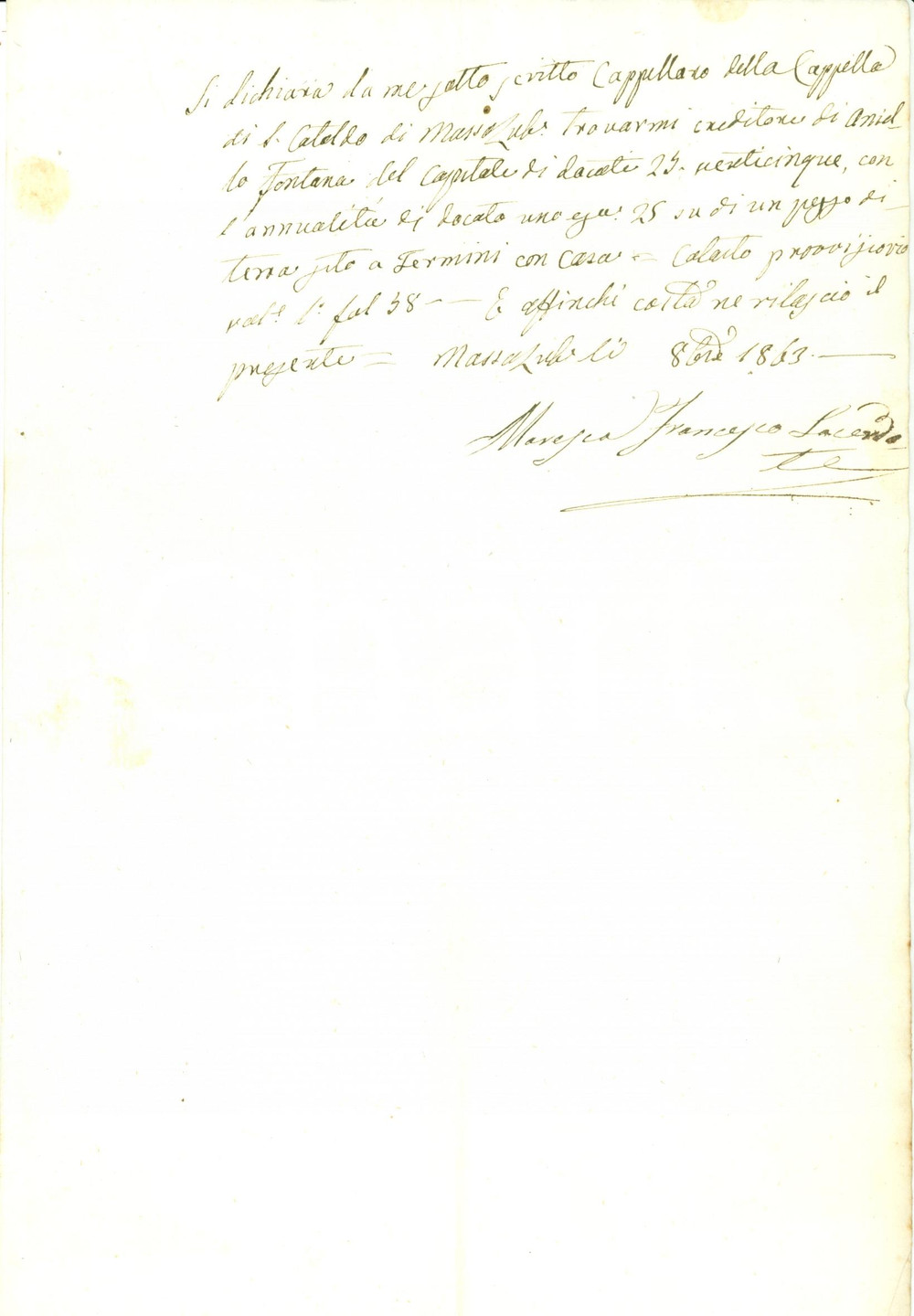 Documento originale, autentico 1863 MASSA LUBRENSE NA Cappellano Francesco MARESCA debitore Aniello FONTANA 1