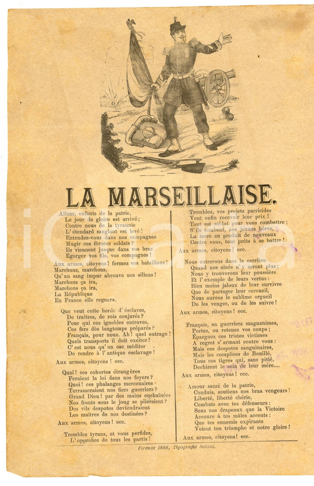 Documento originale, autentico 1888 LA MARSEILLAISE Inno nazionale francese  Manifestino 20x29 cm 1