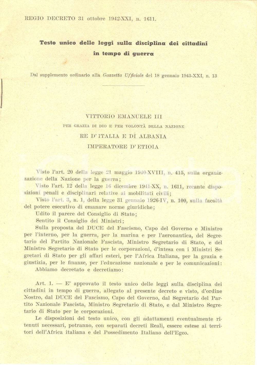 Documento originale, autentico 1942 WWII Disciplina dei cittadini in tempo di guerra TESTO UNICO 1
