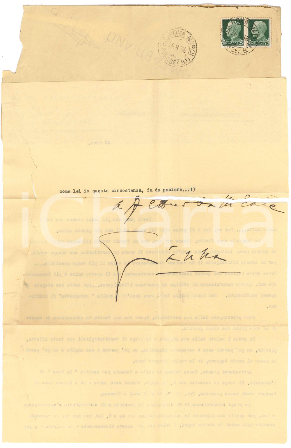 Autografo originale 1938 ROMA Soprano Gianna PEDERZINI e le beghe con Farinacci AUTOGRAFO 1