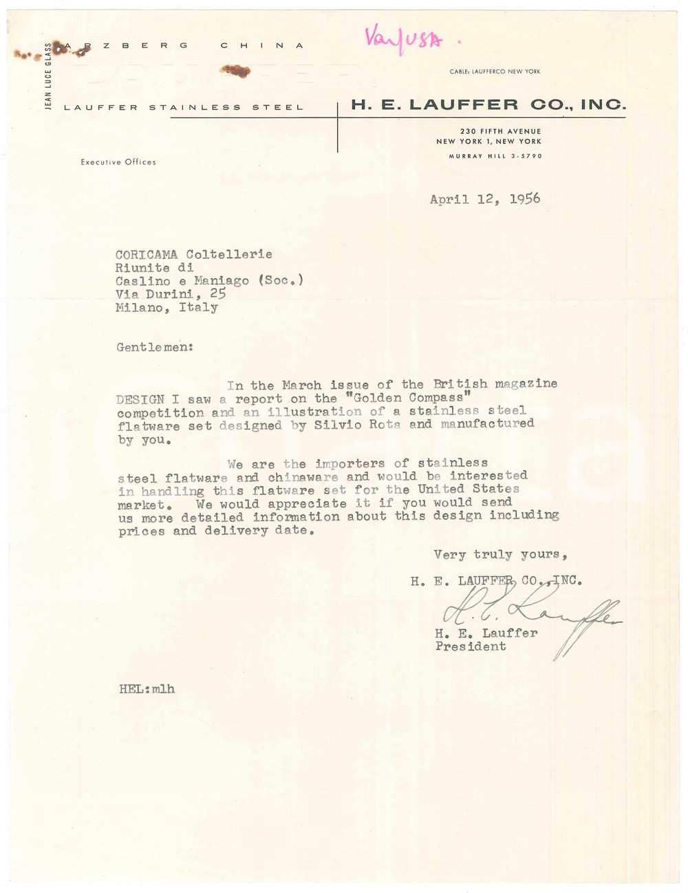 Documento originale, autentico 1956 NEW YORK  H. E. LAUFFER Co. Inc.  Stainless Steel  Lettera commerciale 1