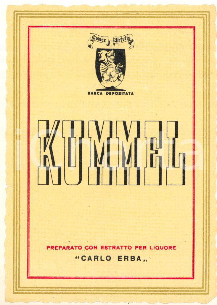 Materiale pubblicitario d’epoca 1950 ca Ditta CARLO ERBA  Etichetta pubblicitaria liquore KUMMEL 12x9 cm 1