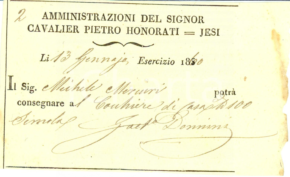Documento originale, autentico 1860 JESI AN Amministrazione Pietro HONORATI Michele MERCURI paga cocchiere 1