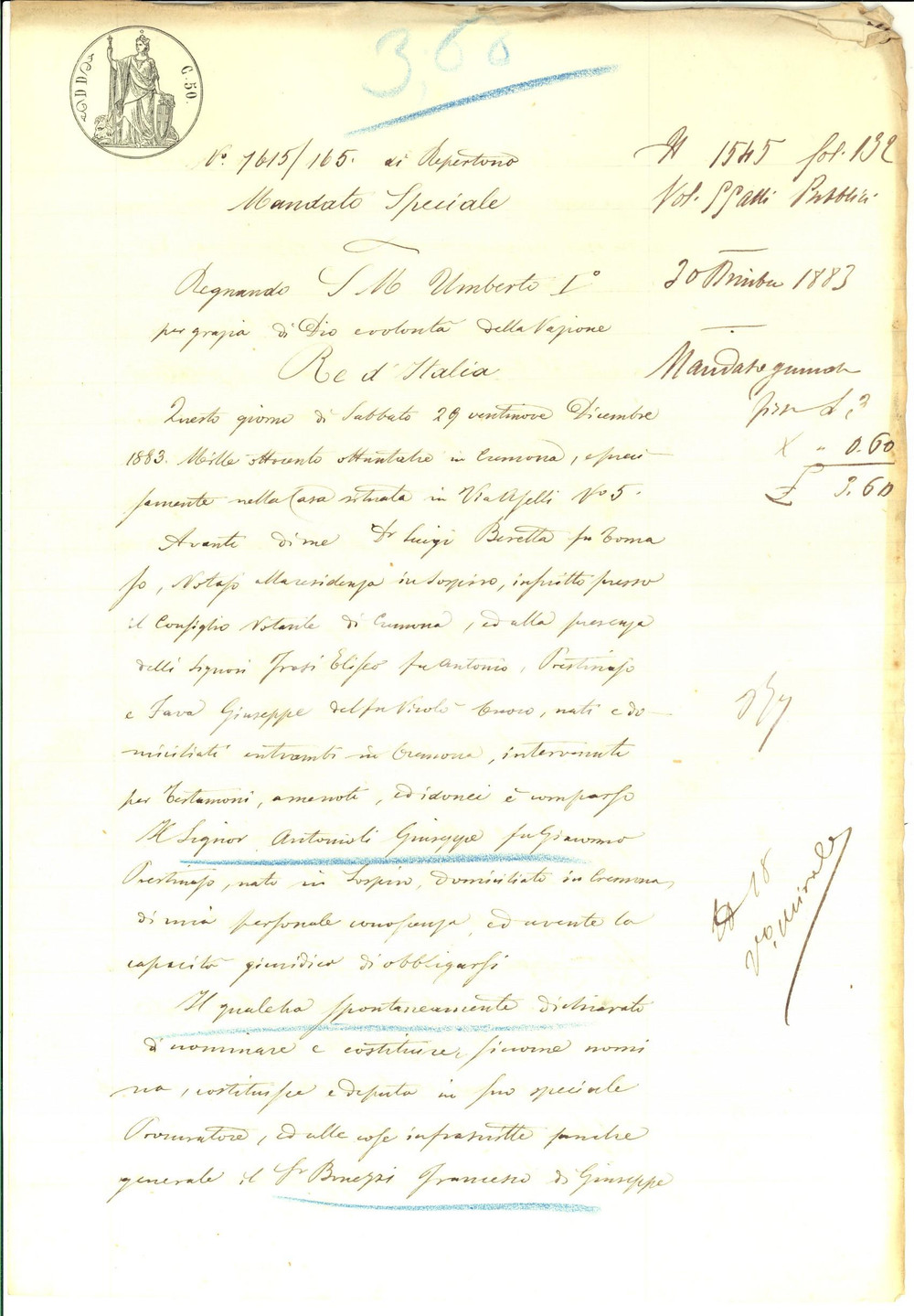 Documento originale, autentico 1883 CREMONA Mandato speciale di Giuseppe ANTONIOLI pro Francesco BONEZZI 1