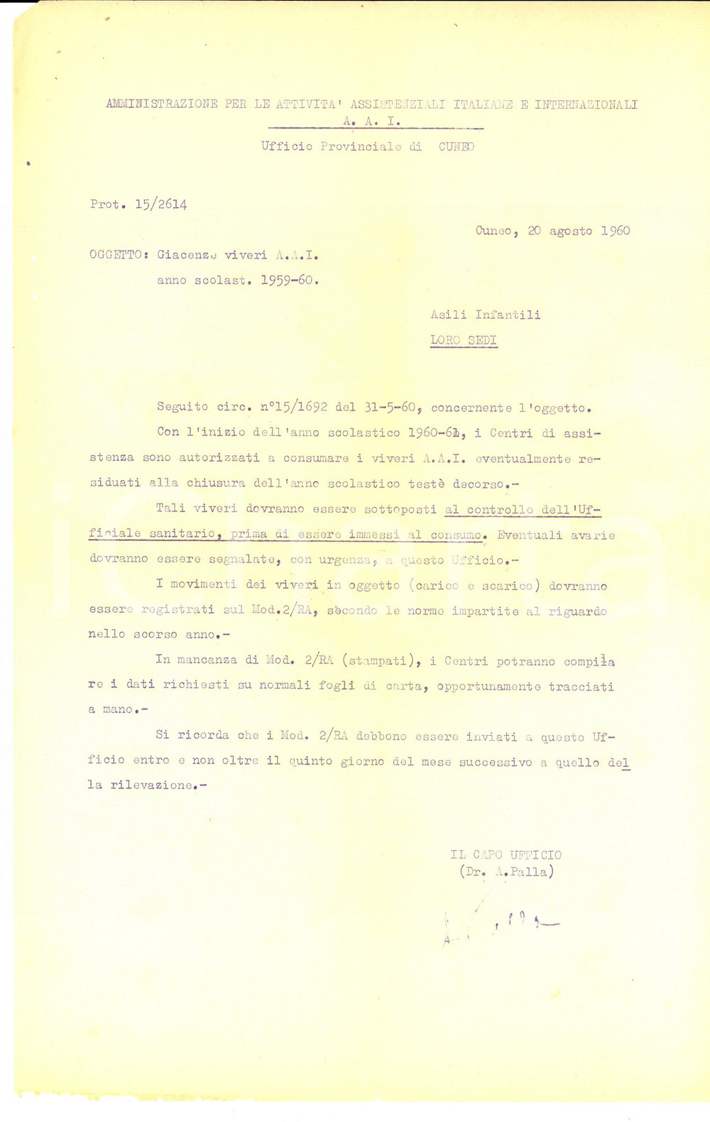 Manoscritto, lettera originale 1960 CUNEO Giacenze viveri delle scuole ai Centri di assistenza Lettera 1