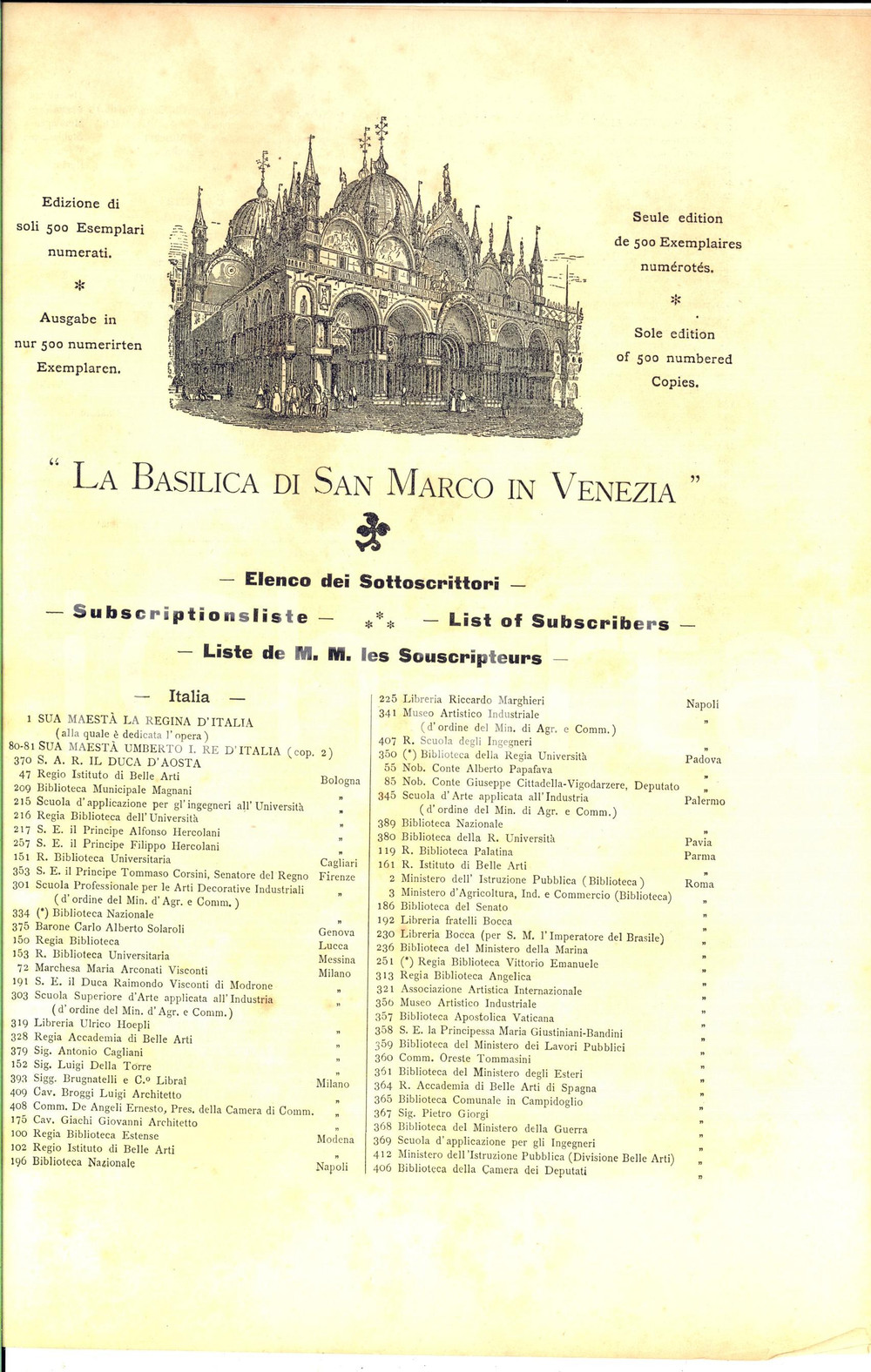 Materiale pubblicitario d’epoca 1889 VENEZIA Elenco sottoscrittori opera Basilica di San Marco ONGANIA 1