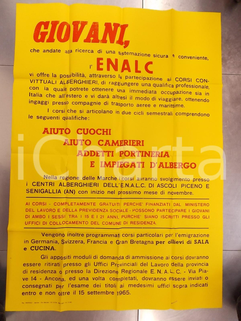 Documento originale, autentico 1965 ENALC ANCONA Corsi settore alberghiero per giovani Manifesto 70x100 cm 1