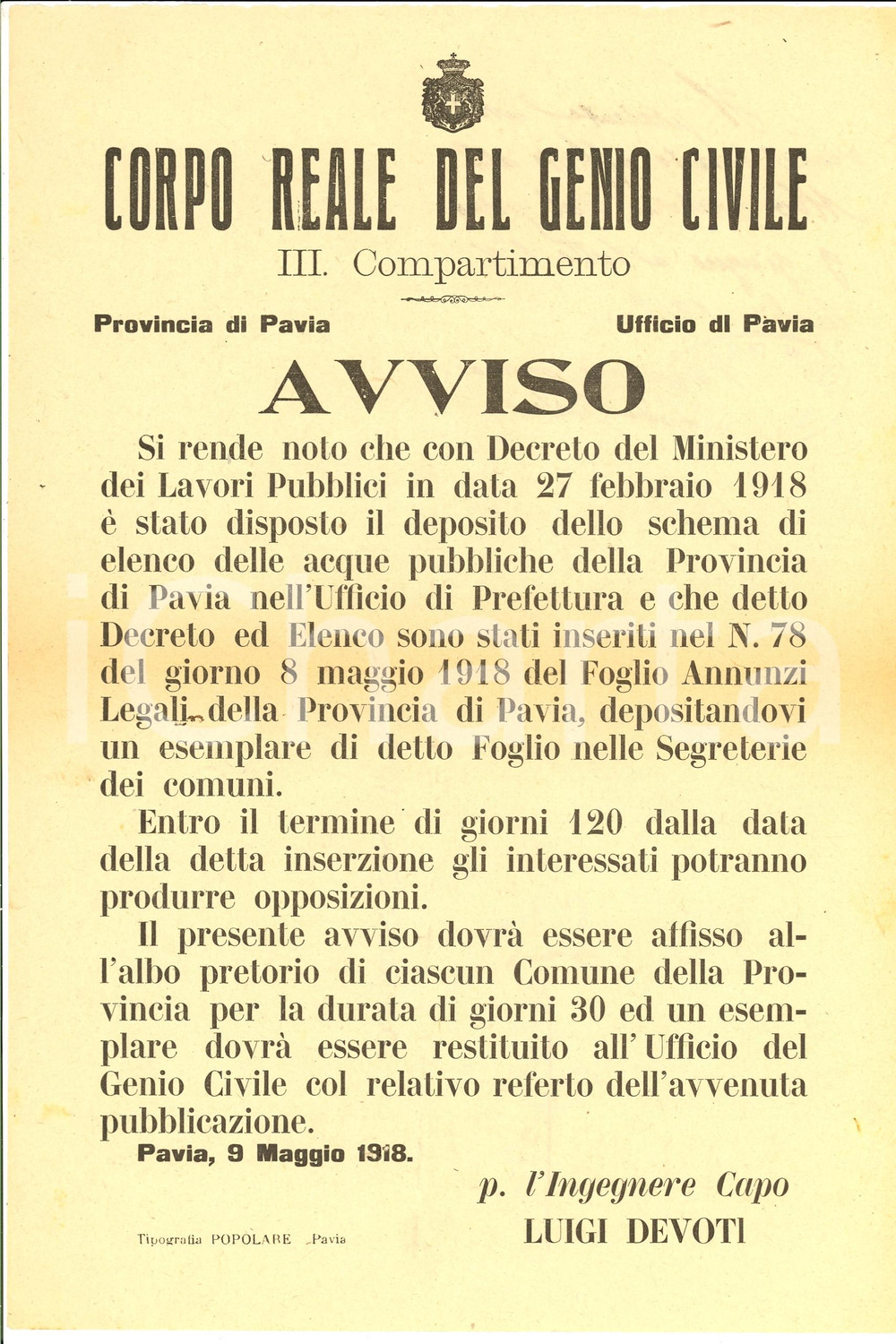 Documento originale, autentico 1918 PAVIA Elenco delle acque pubbliche GENIO CIVILE 1