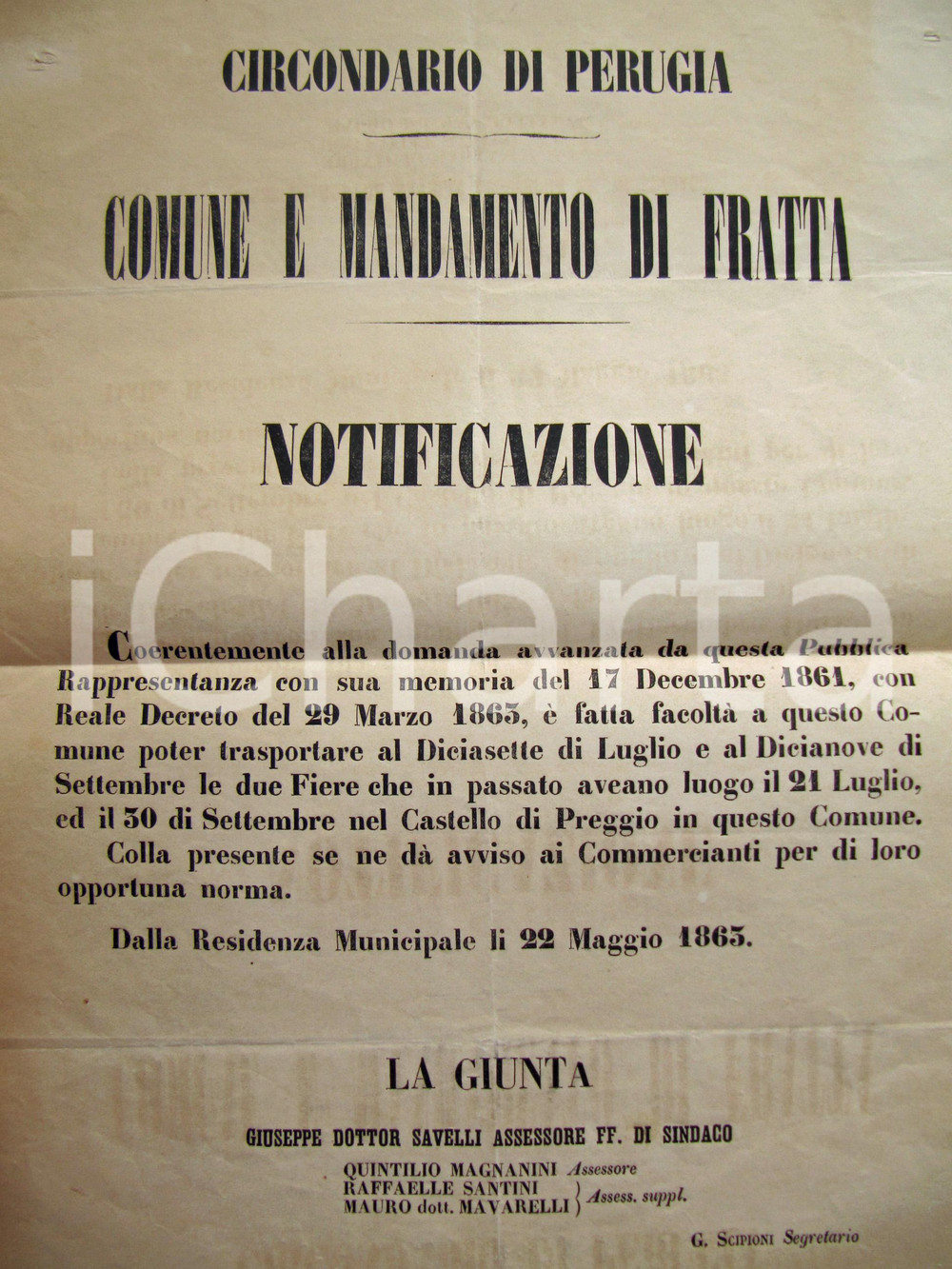 Documento originale, autentico 1863 UMBERTIDE (PG) Fiere nel Castello di PREGGIO Manifesto 1