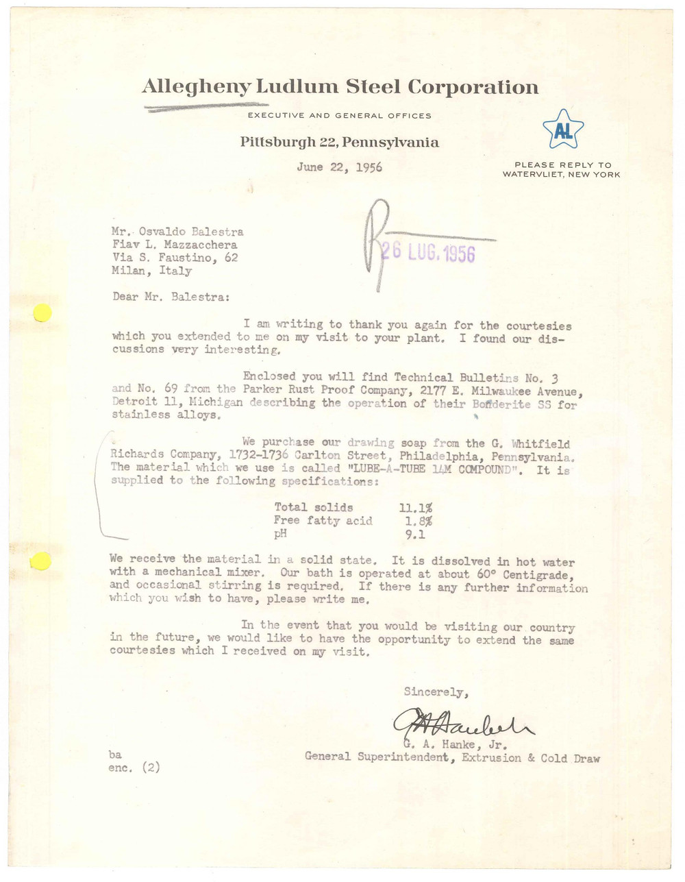 Manoscritto, lettera originale 1956 PITTSBURGH Allegheny Ludlum Steel Corporation  G. A. HANKE Autograph 1