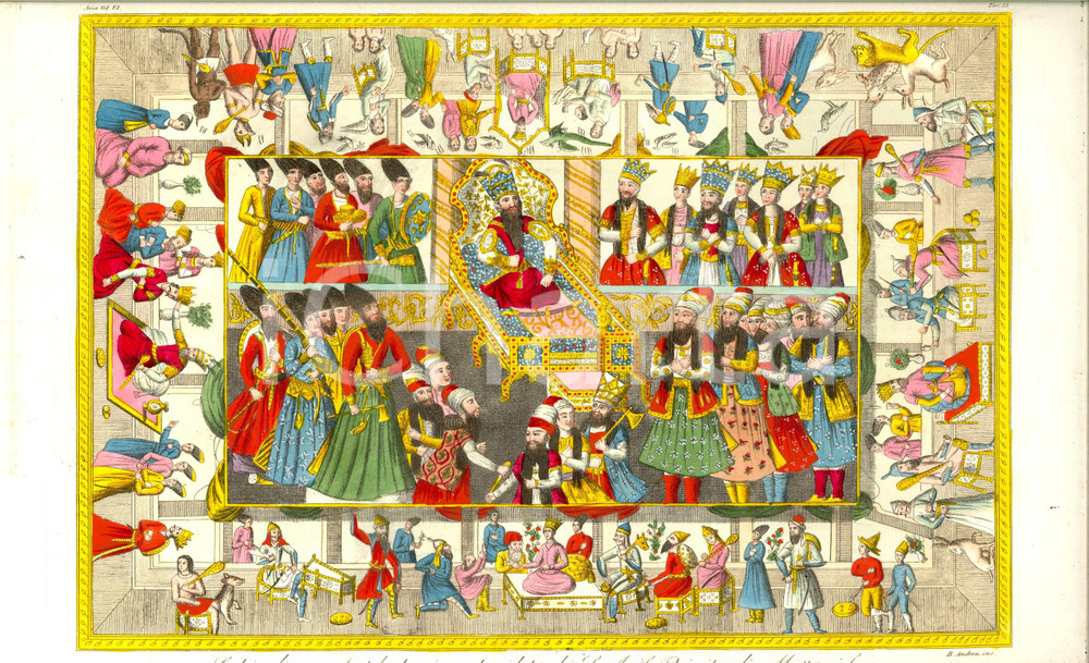 Stampa, bozzetto originale 1823 ASIA Scatola persiana di METTERNICH Inc. Andrea BERNIERI Colorata a mano 1