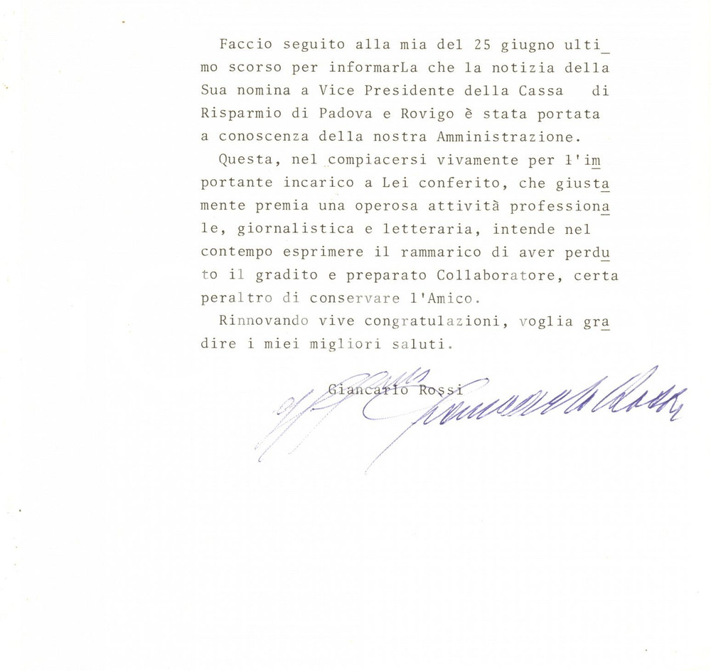 Autografo originale 1975 PADOVA Banca ANTONIANA  Lettera Giancarlo ROSSI Direttore  AUTOGRAFO 1
