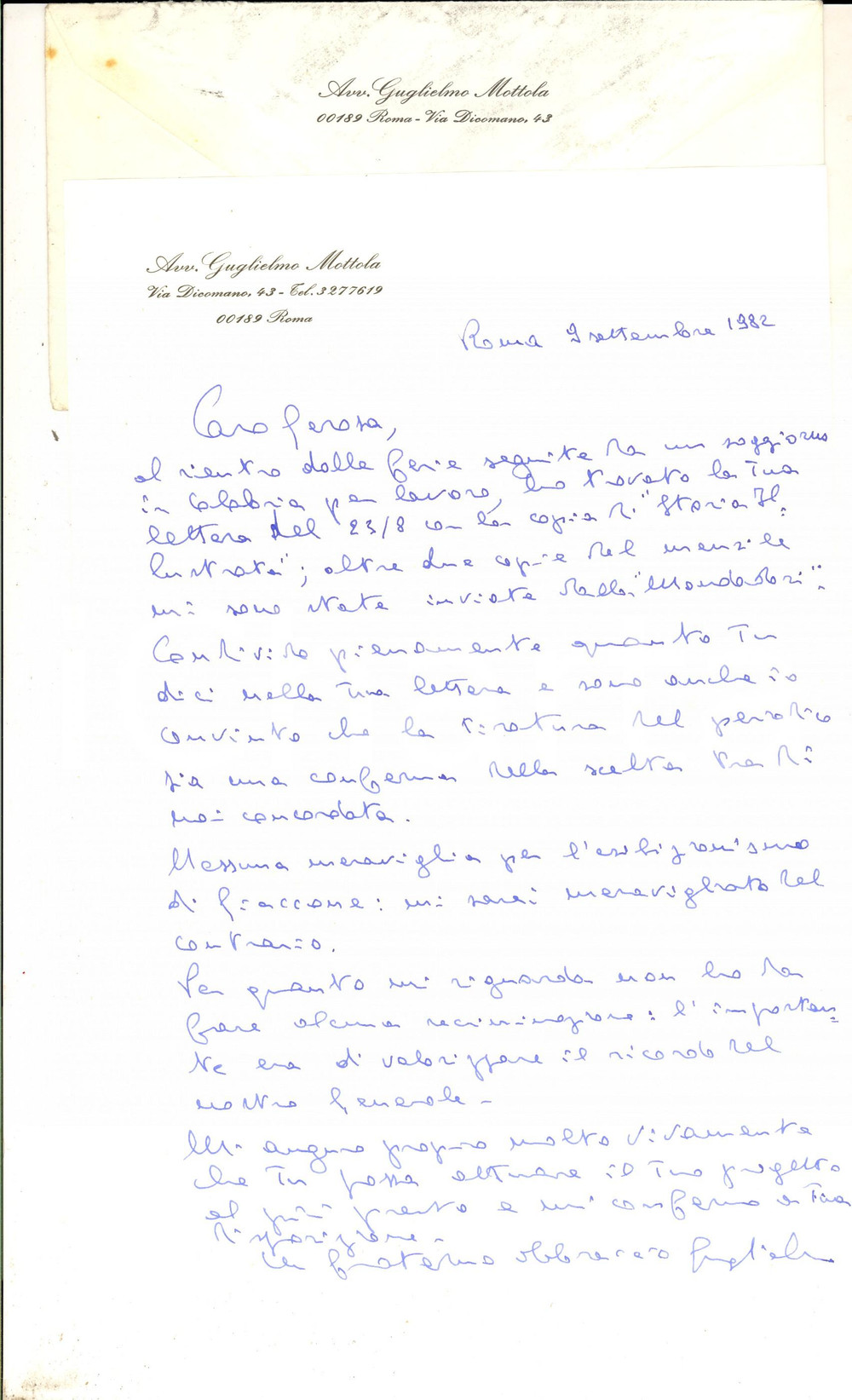 Manoscritto, lettera originale 1982 ROMA Avv. Guglielmo MOTTOLA sulla tiratura di un periodico storico Lettera 1