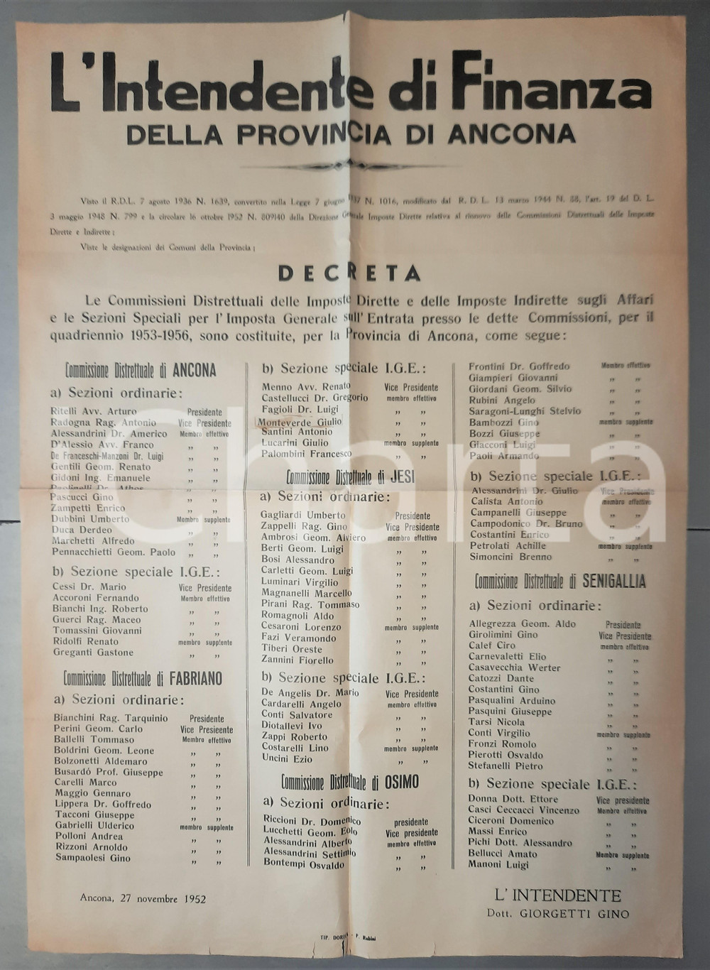 Documento originale, autentico 1952 ANCONA Commissioni Distrettuali Imposte per la provincia Manifesto 50x70 1
