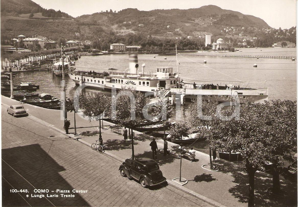 Cartolina originale da collezione 1950 ca COMO Lungo Lario Trento PIROSCAFO PATRIA Piazza Cavour Animata FG NV 1