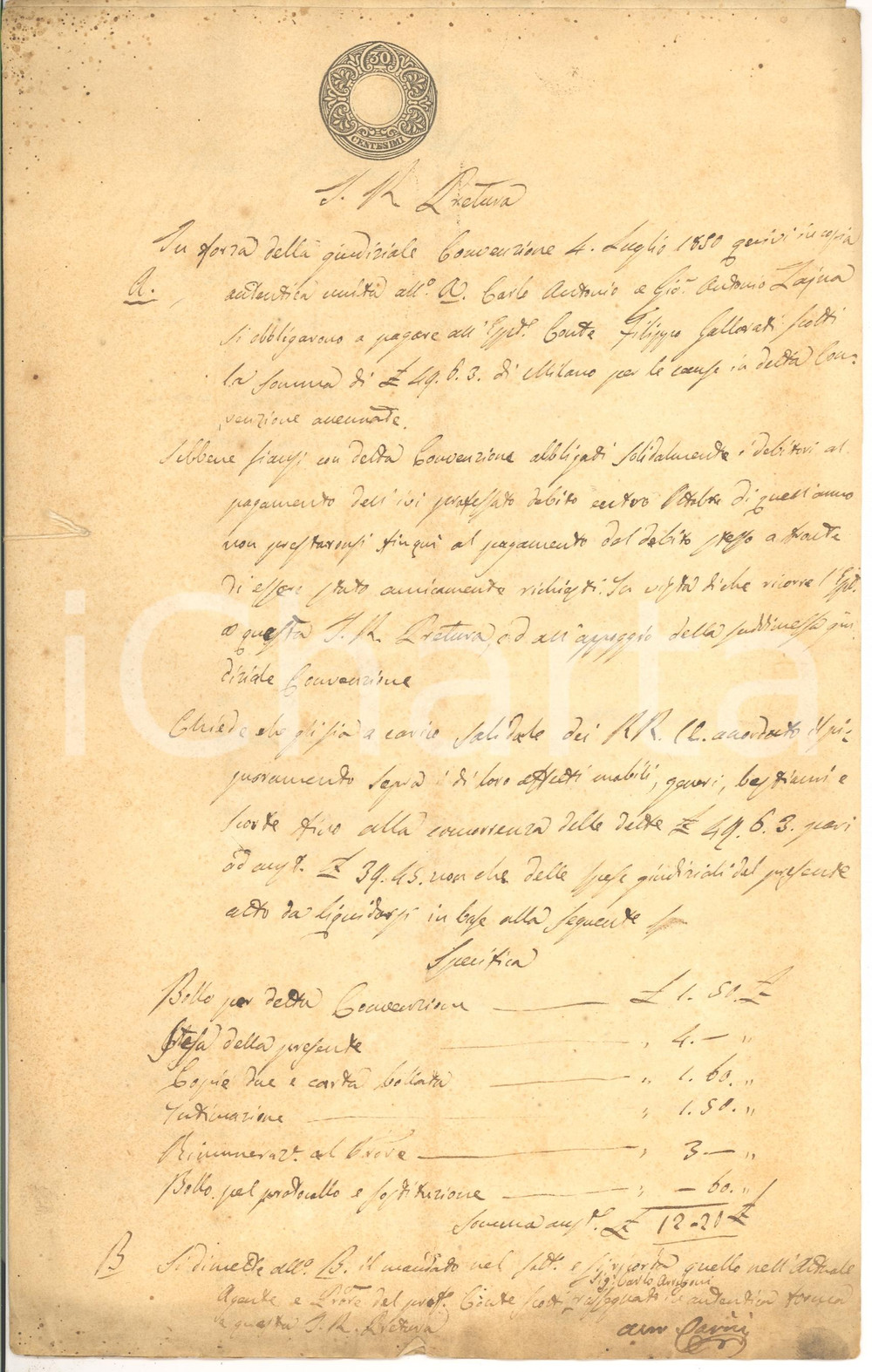 Documento originale, autentico 1850 PIEVE PORTO MORONE PV Cugini ZAINA per LA VIGNOLA 1