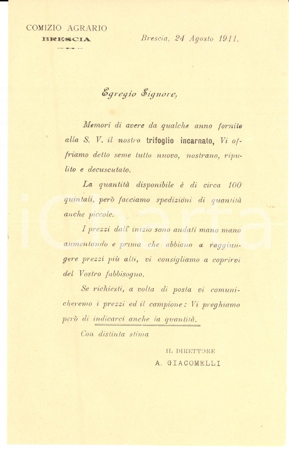 Documento originale, autentico 1911 BRESCIA Fornitura di trifoglio incarnato COMIZIO AGRARIO 1