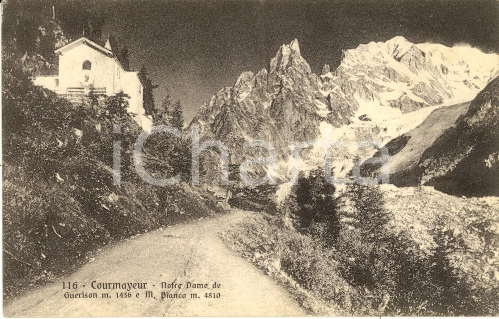 Cartolina originale da collezione 1920 ca COURMAYEUR AO NOTRE DAME de la GUERISON e Monte BIANCO Cartolina VG 1