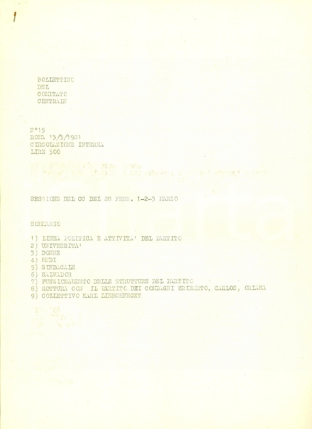 Oggetto da collezione cartaceo 1981 BOLLETTINO COMITATO CENTRALE Bilancio attività partito Ciclostile 1