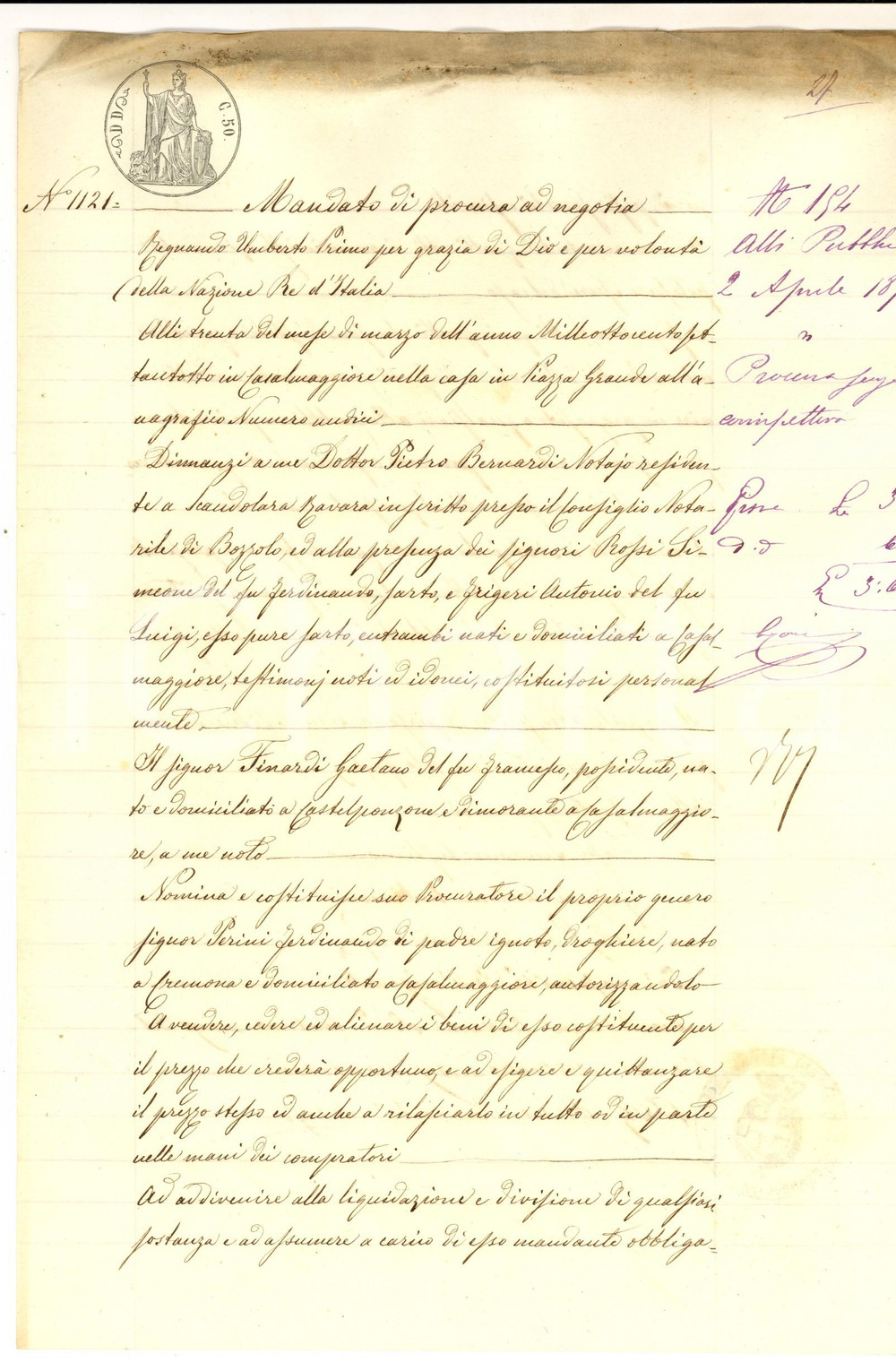 Documento originale, autentico 1878 CASALMAGGIORE CR Mandato di procura Gaetano FINARDI a Ferdinando PERINI 1