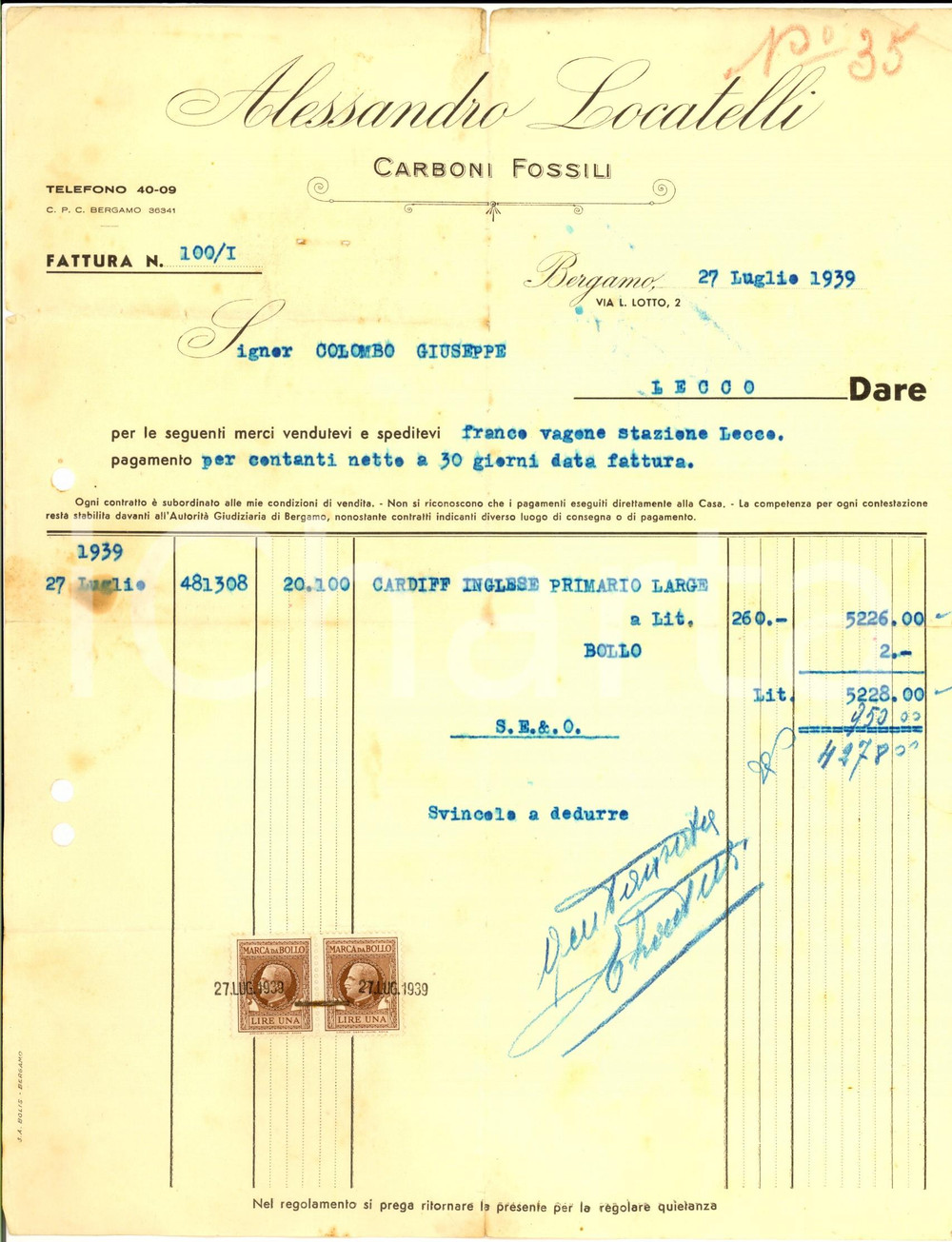 Documento originale, autentico 1939 BERGAMO Alessandro LOCATELLI Carboni fossili Fattura per Cardiff inglese 1