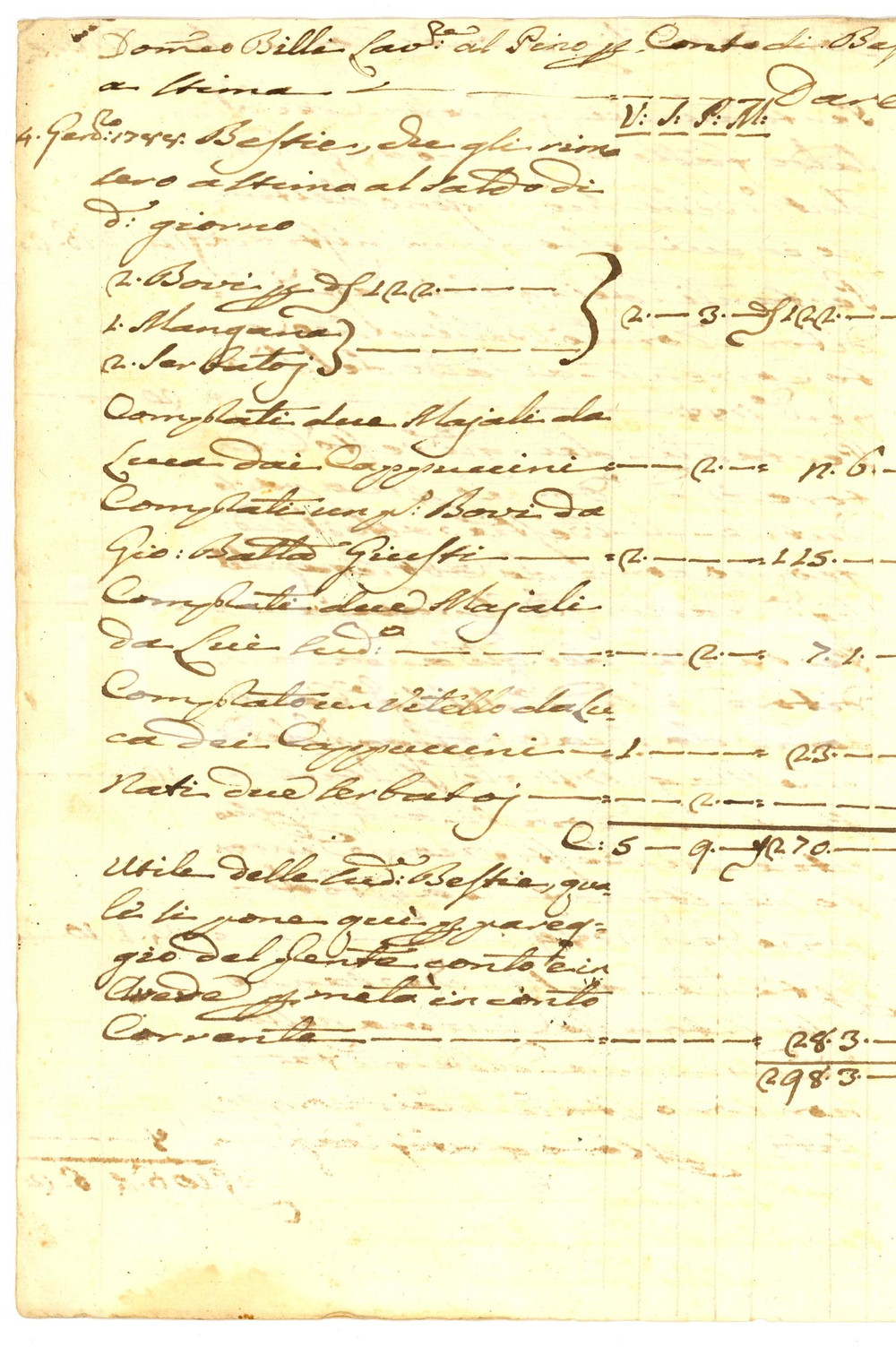 Documento originale, autentico 1788 AREZZO Conto lavorante Antonio BILLI per bestie a stima Manoscritto 1