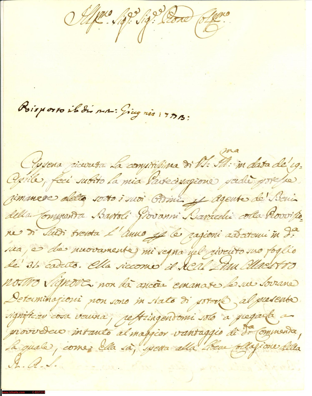 Manoscritto, lettera originale 1773 AREZZO Giovanni BARACCHI confermato amministratore 1