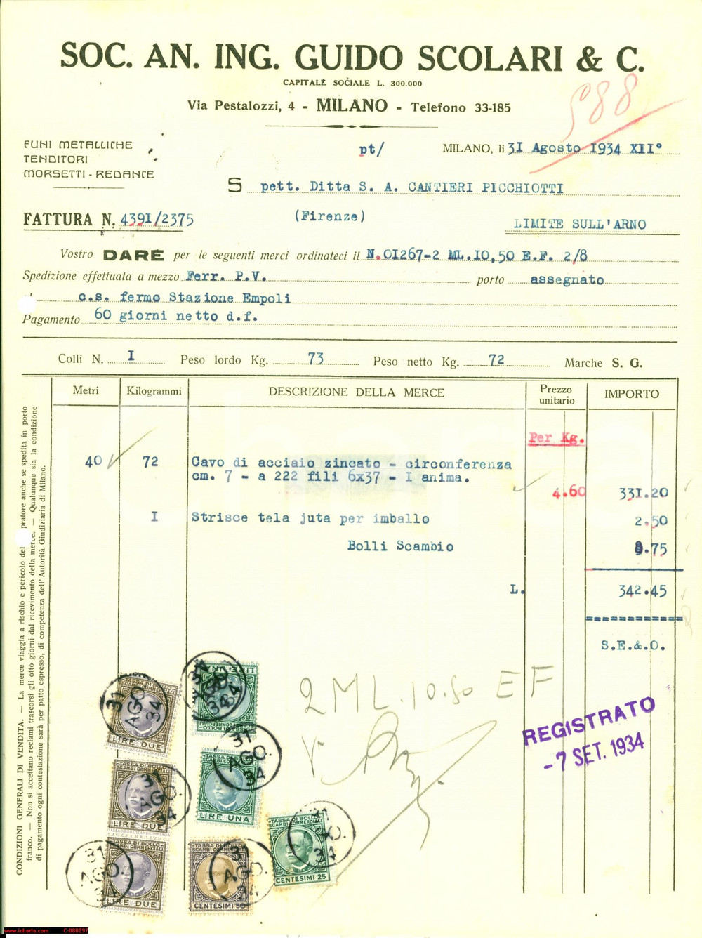 Manoscritto, lettera originale 1934 MILANO Funi metalliche Soc. An. Guido SCOLARI 1