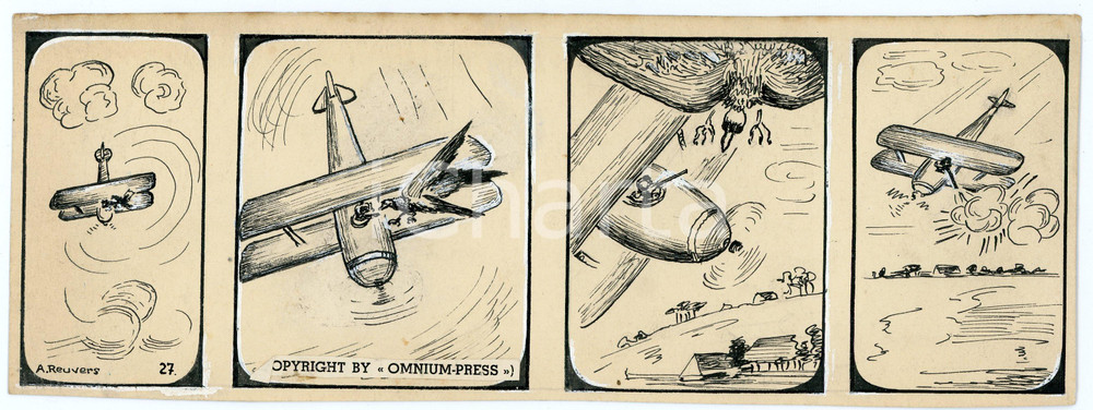 1940ca DRUMPIE'S DOLLE ADVENTUREN Comic strip 27 - A. REUVERS Original art RARE Striscia a fumetti d'epoca, originale e autentica. Disegno originale a china firmato A. Reuvers. EDITORE: Omnium PressCONDIZIONI: FAIRDIMENSIONI: 25x9 cm    originale e autentica 1