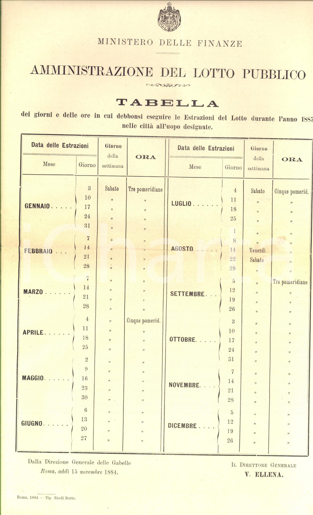 Documento originale, autentico 1884 ROMA Calendario estrazioni del LOTTO nelle cittÃ  all uopo designate 1