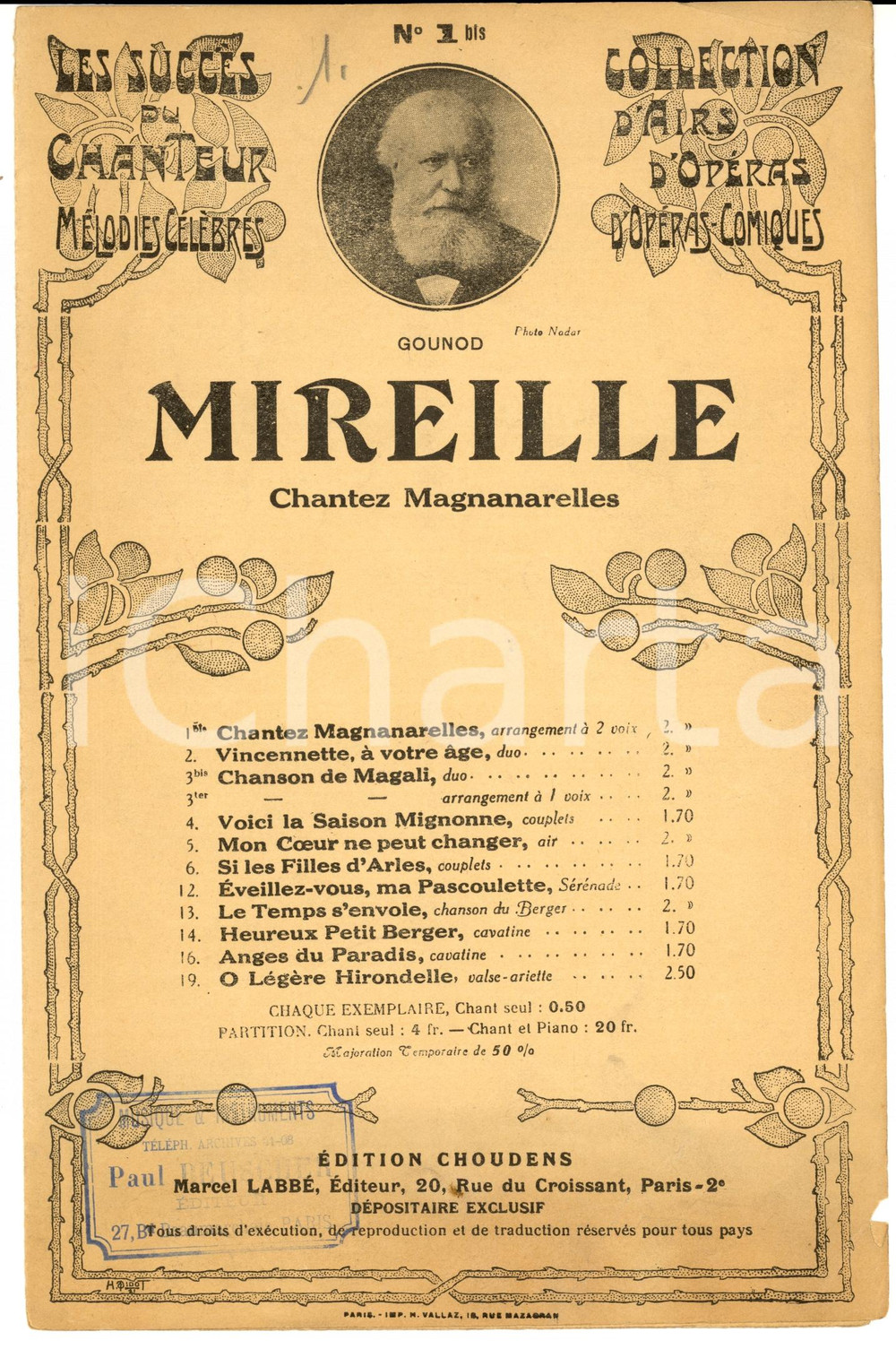 Oggetto da collezione cartaceo 1920 ca Charles GOUNOD Mireille - Chantes Manganarelles *Spartito ed. CHOUDENS 1