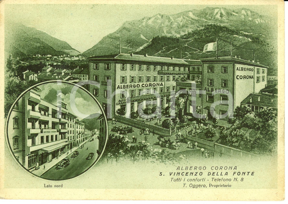 Cartolina originale da collezione 1942 S.VINCENZO FONTE (AO) Albergo Corona particolare lato nord *Cartolina FG VG 1