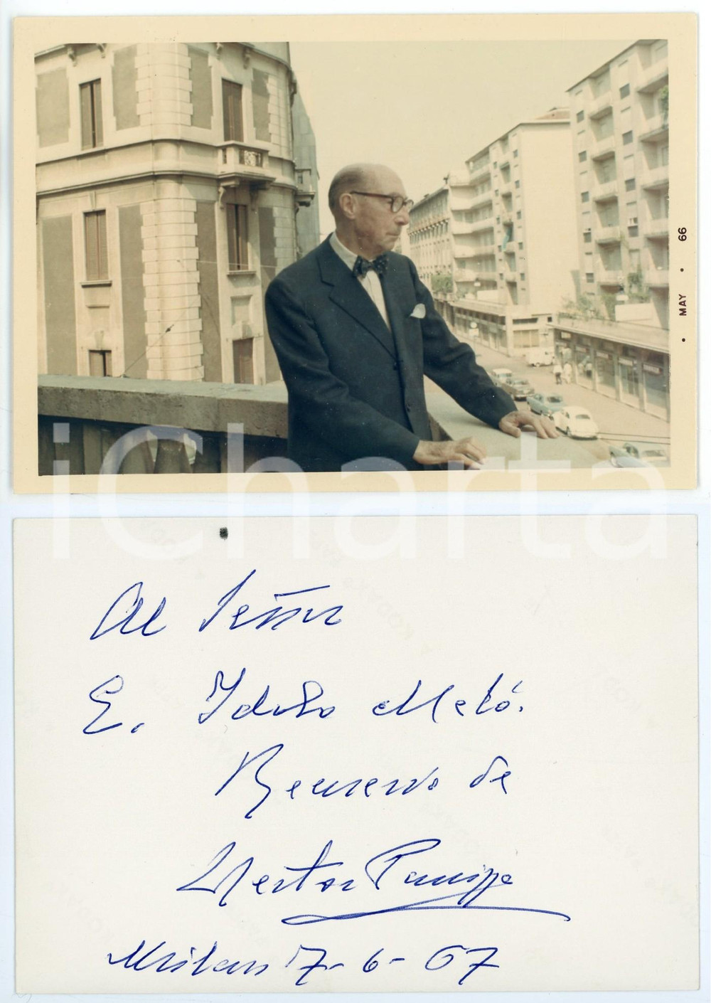 1967 MILANO Ettore PANIZZA direttore d'orchestra - Foto con AUTOGRAFO 13x9 cm Fotografia d'epoca, scattata nel 1966, con messaggio autografo al verso in spagnolo, datato 1967 (pochi mesi prima della scomparsa). CONDIZIONI: GFORMATO: 13x9 cm     originale e autentica 1