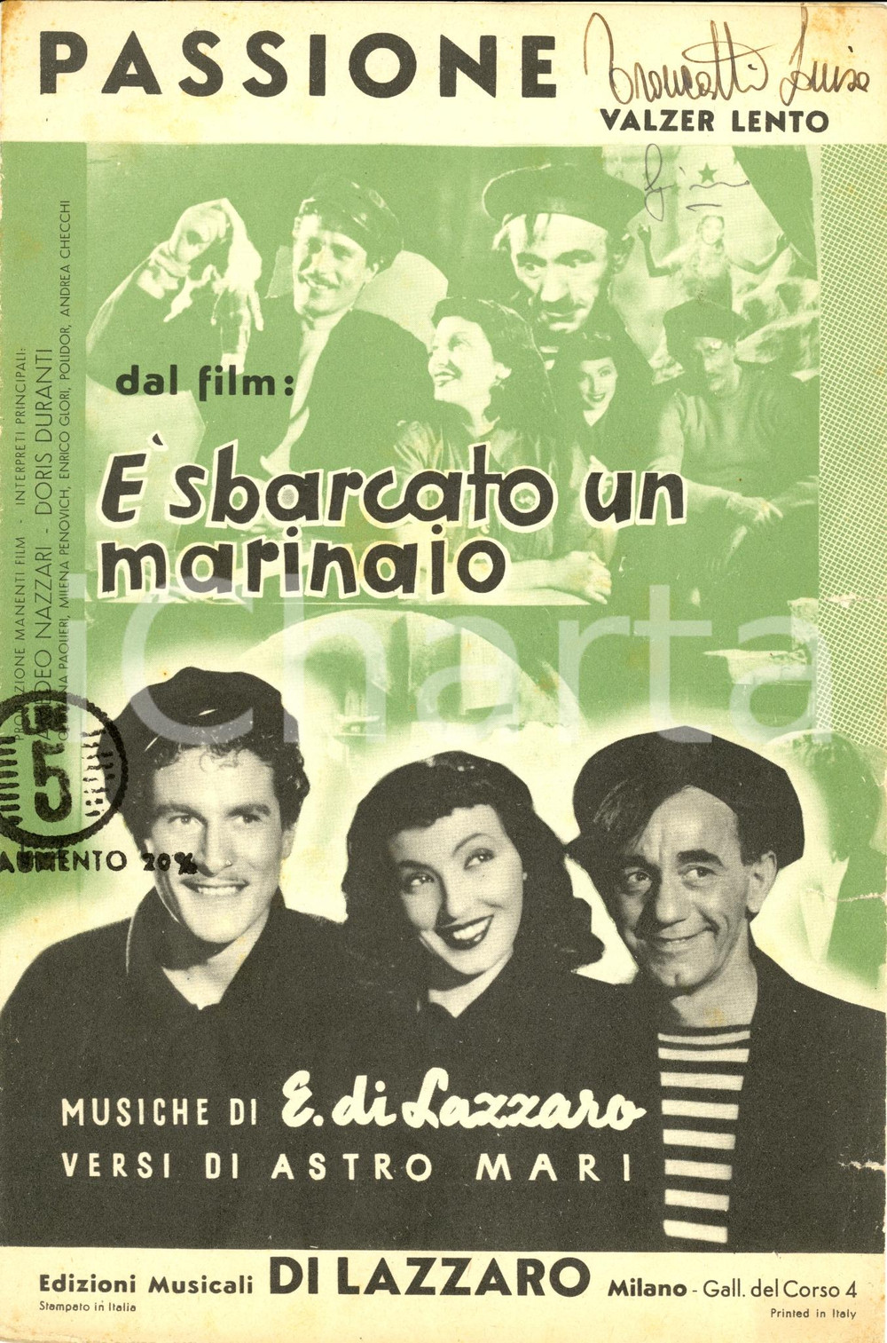 Oggetto da collezione cartaceo 1940 Astro MARI Eldo DI LAZZARO Spartito PASSIONE Doris DURANTI 1