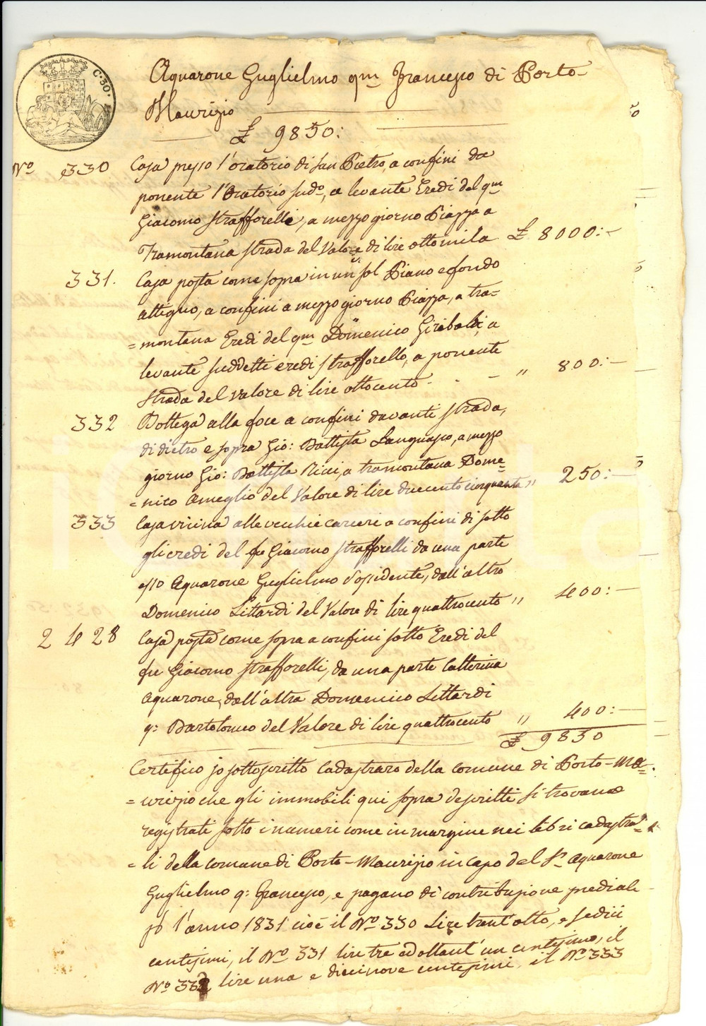 Documento originale, autentico 1832 PORTO MAURIZIO Inventario immobili famiglia ACQUARONE 1