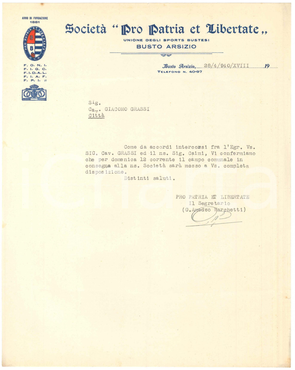 Documento originale, autentico 1940 BUSTO ARSIZIO  Società Pro Patria et Libertate  Stadio per gara ciclismo 1