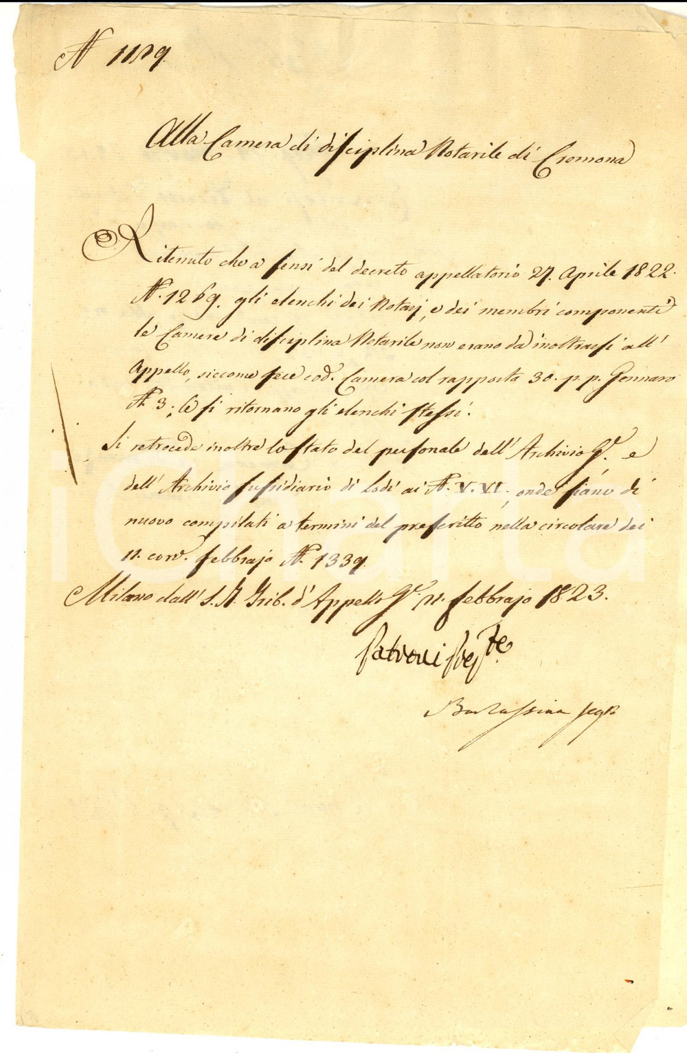 Documento originale, autentico 1823 CREMONA Sullo stato del personale dell'archivio notarile *Lettera 1