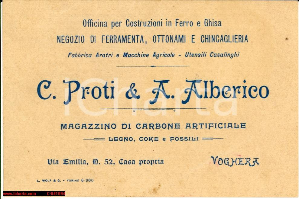 Cartolina originale da collezione 1902 VOGHERA PV C. PROTI & A. ALBERICO Legno e coke Biglietto pubblicitario 1