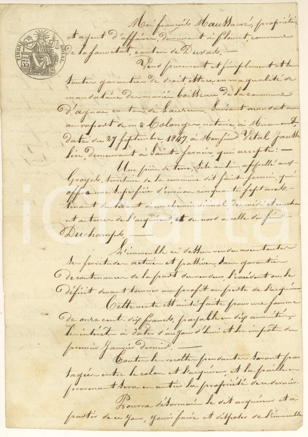 Documento originale, autentico 1848 LARROQUE SAINT-SERNIN (F) FranÃ§ois MASSAURE' vende terra a Vital FAUSSELIN 1