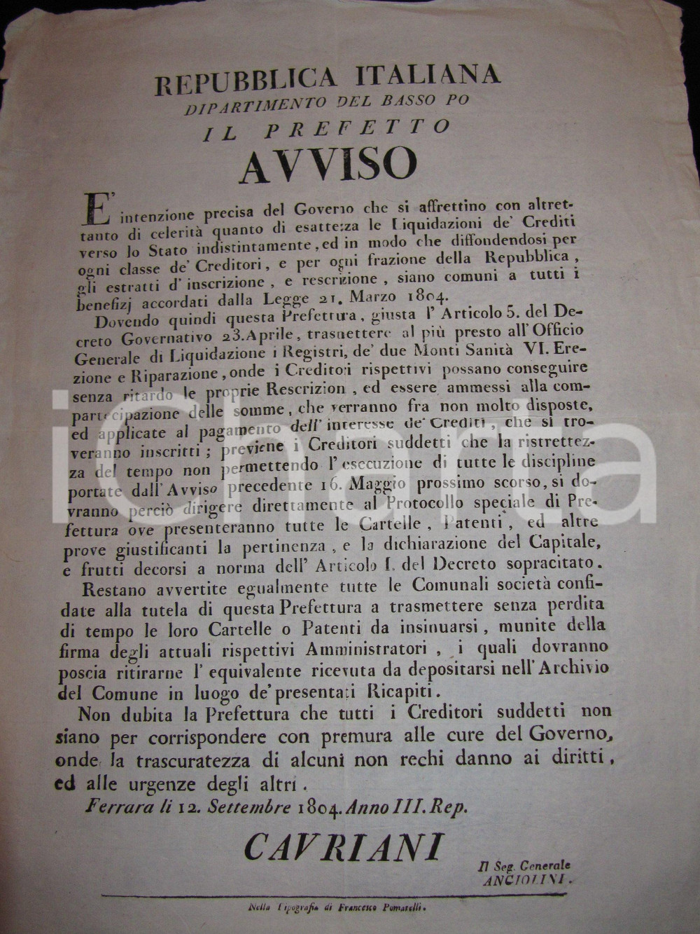 Documento originale, autentico 1804 FERRARA REPUBBLICA ITALIANA Affrettare liquidazioni Crediti verso lo Stato 1