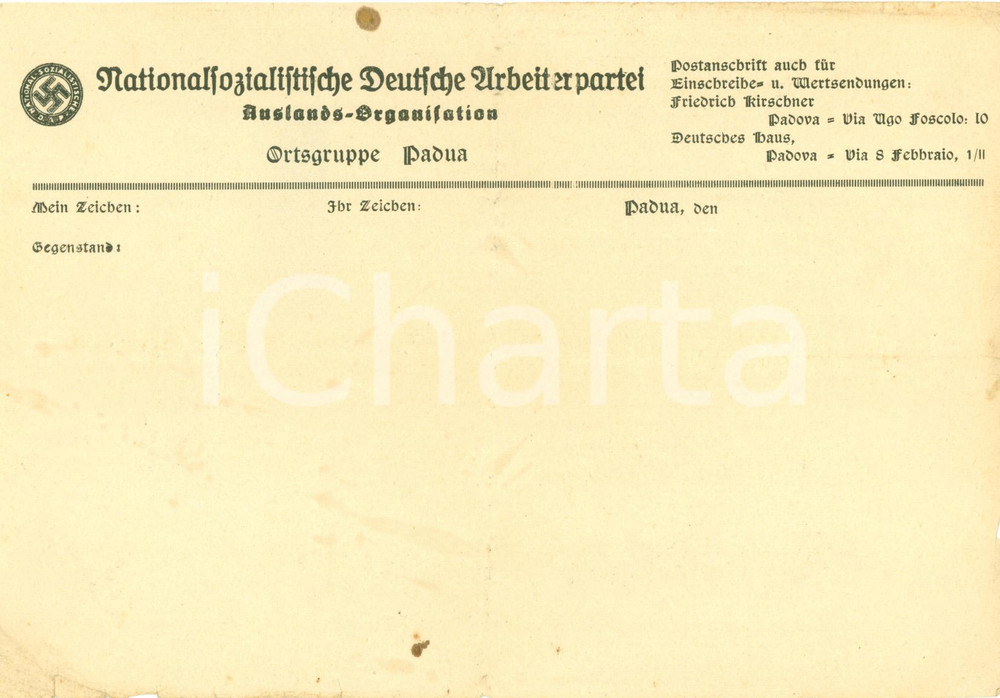 Documento originale, autentico 1940 ca PADOVA Nationalsozialistiche Deutsche Arbeitspartei Ortsgruppe 1