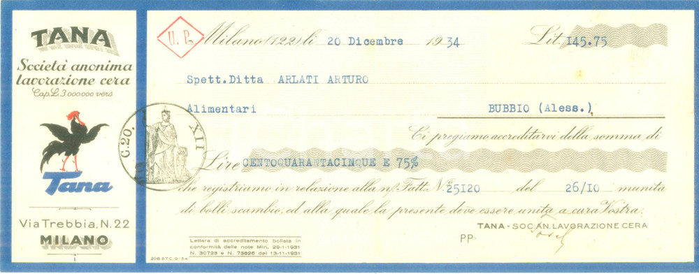 Documento originale, autentico 1930 MILANO Via Trebbia 22 Società Lavorazione Cera TANA Cambiale pubblicitaria 1