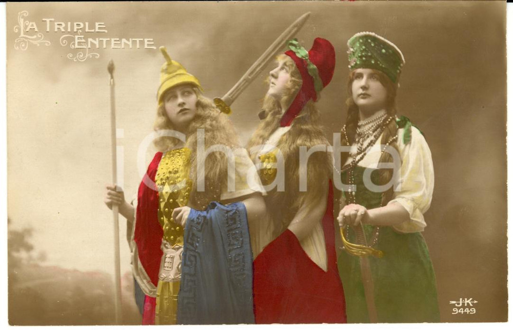 Cartolina originale da collezione 1915 WW1 La Triple Entente - Marianne, Britannie et Russie FP NV 1