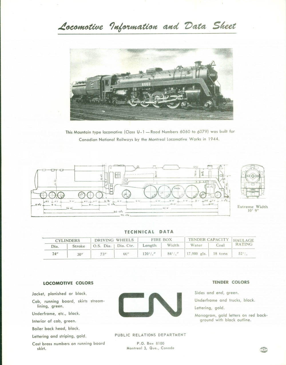Materiale pubblicitario d’epoca 1975 ca CANADIAN RAILWAYS Locomotiva MOUNTAIN TYPE Class U1 Scheda tecnica 1