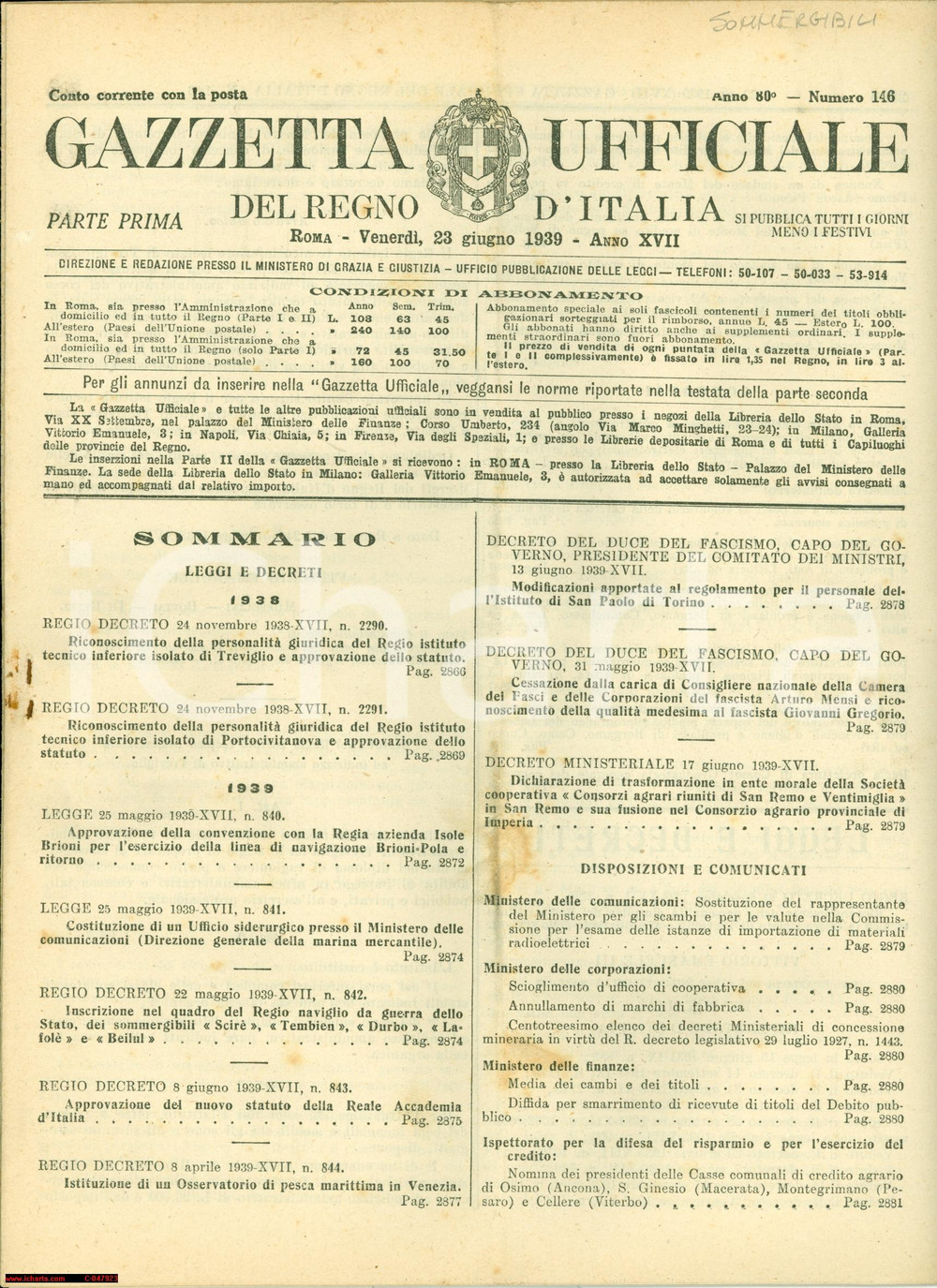 Documento originale, autentico 1939 REGNO D ITALIA Linea di navigazione BRIONIPOLA 1