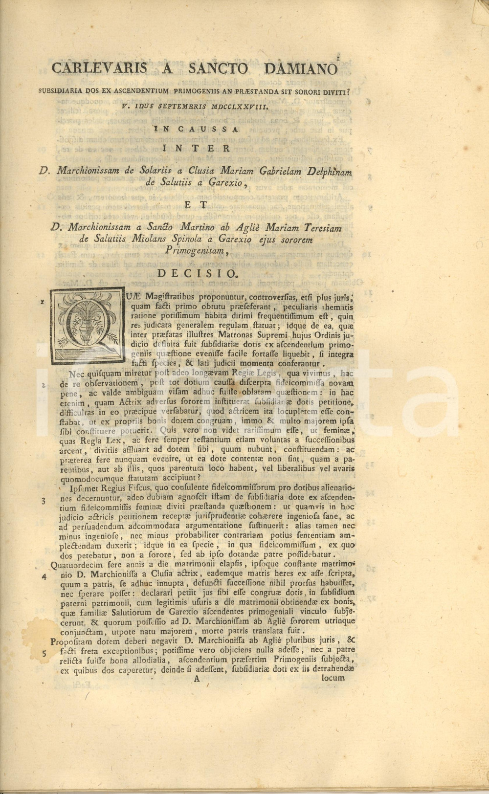 Documento originale, autentico 1778 TORINO Lite Gabriella SALUZZO DI GARESSIO vs Teresa SAN MARTINO D AGLIE 1