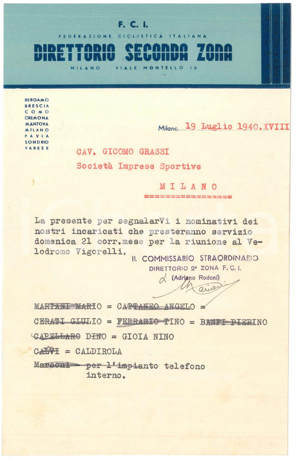 Documento originale, autentico 1940 F.C.I. CICLISMO MILANO Lettera Direttorio Seconda Zona per giuria 1